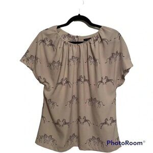 Ann Taylor Light Gray Short Sleeve Blouse Zebra Design Button Closure Small